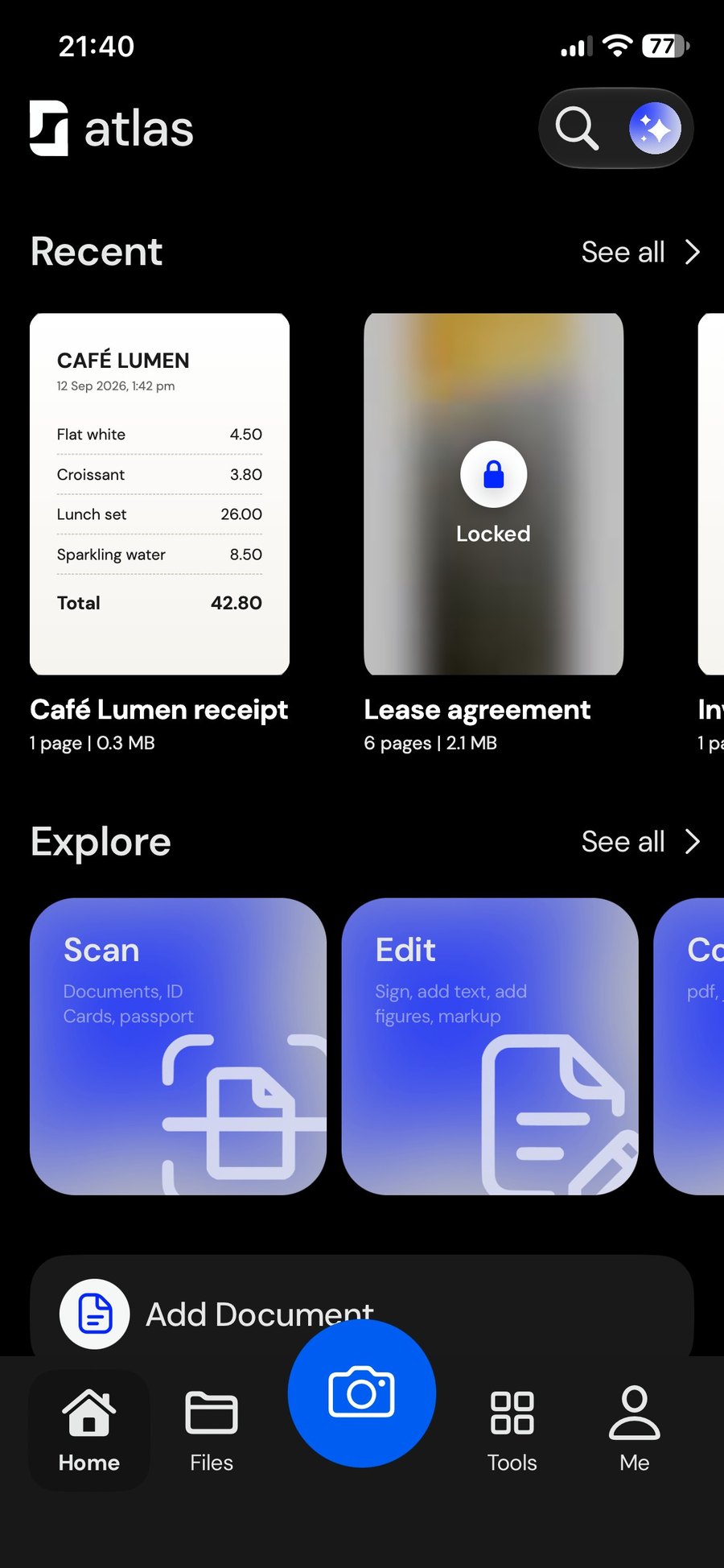 The Atlas home screen: recent scans and tools